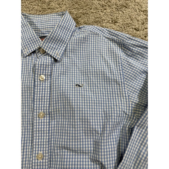Vineyard Vines Shirt Youth Medium Blue Whale Tucker Button Up Gingham Plaid - Picture 2 of 6